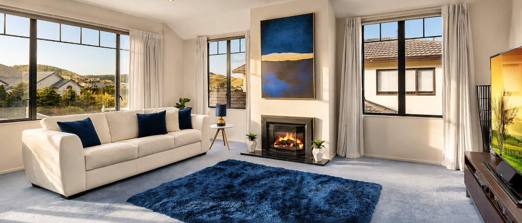 Modern living room with cream sofa, deep blue rug and wall-mounted fireplace