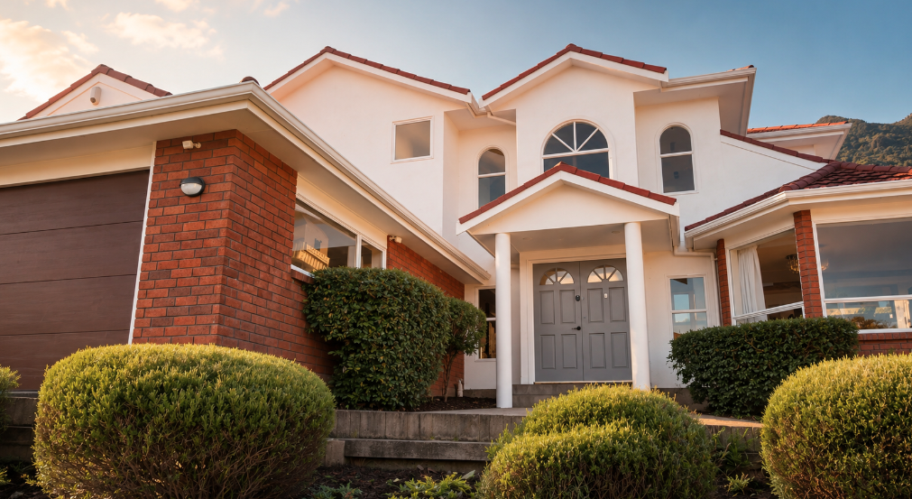 Two-story white and red brick home with arched entry and manicured shrubs at golden hour