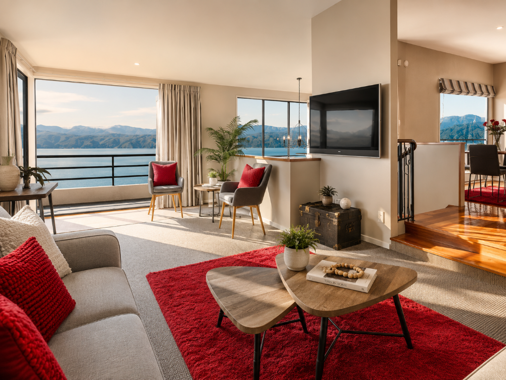 Open-plan living area overlooking a bay with red accent rug