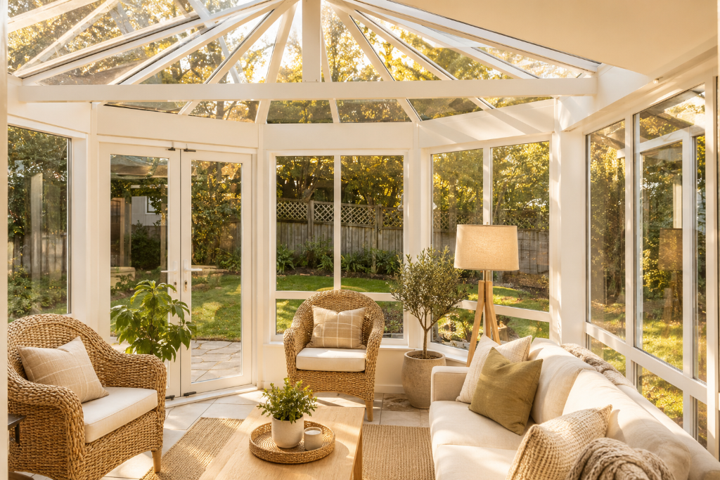 Bright conservatory sunroom with rattan furniture at golden hour