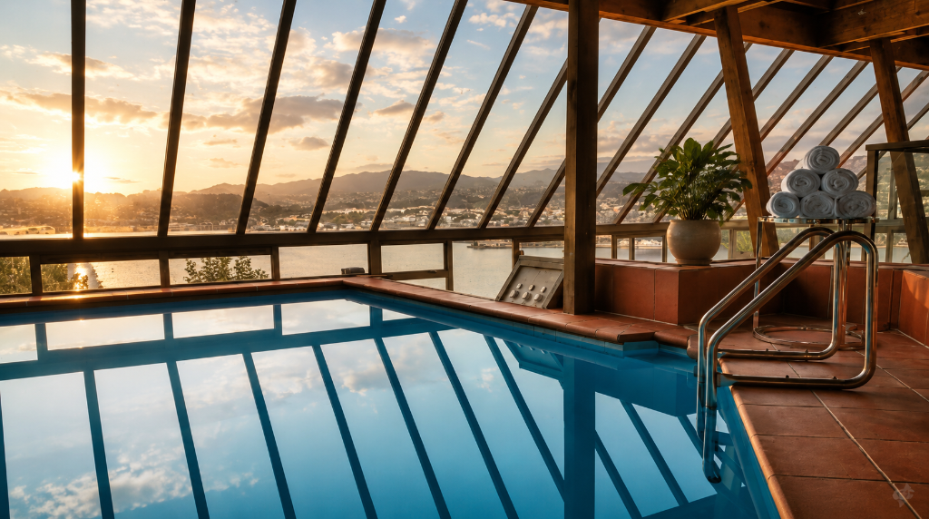 Sunlit indoor pool room with glass ceiling at golden hour