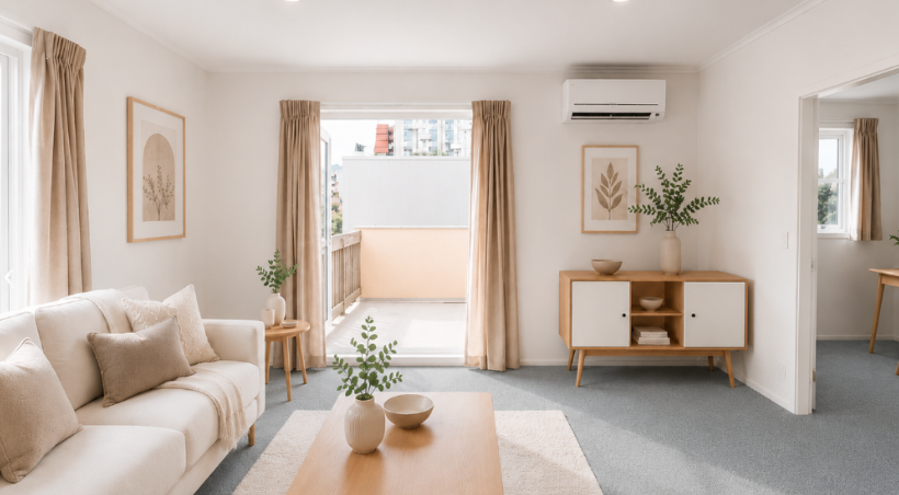 Modern neutral-toned living room with light oak furniture, sofa and balcony view