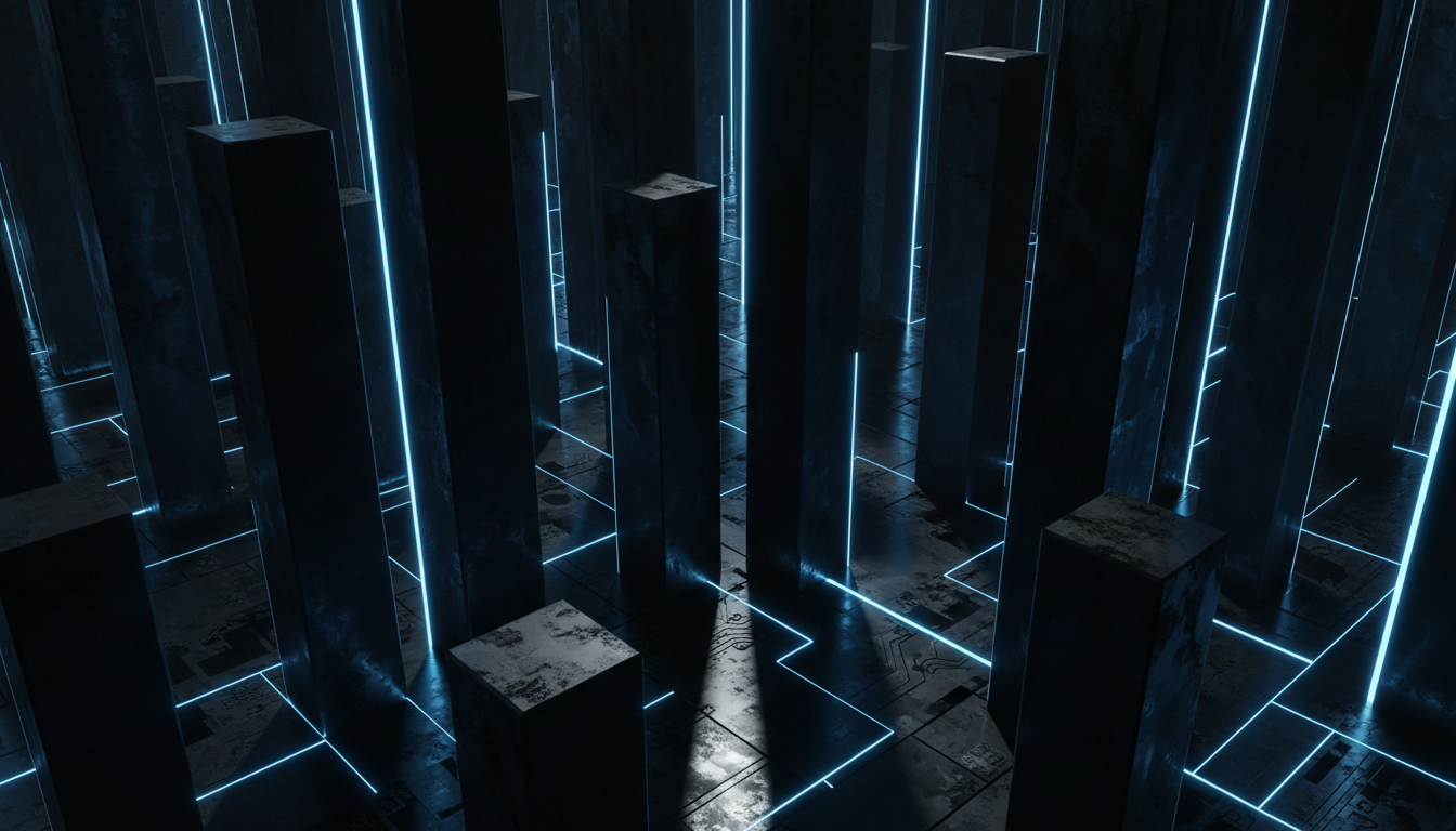 Monolithic pillars representing governance and security