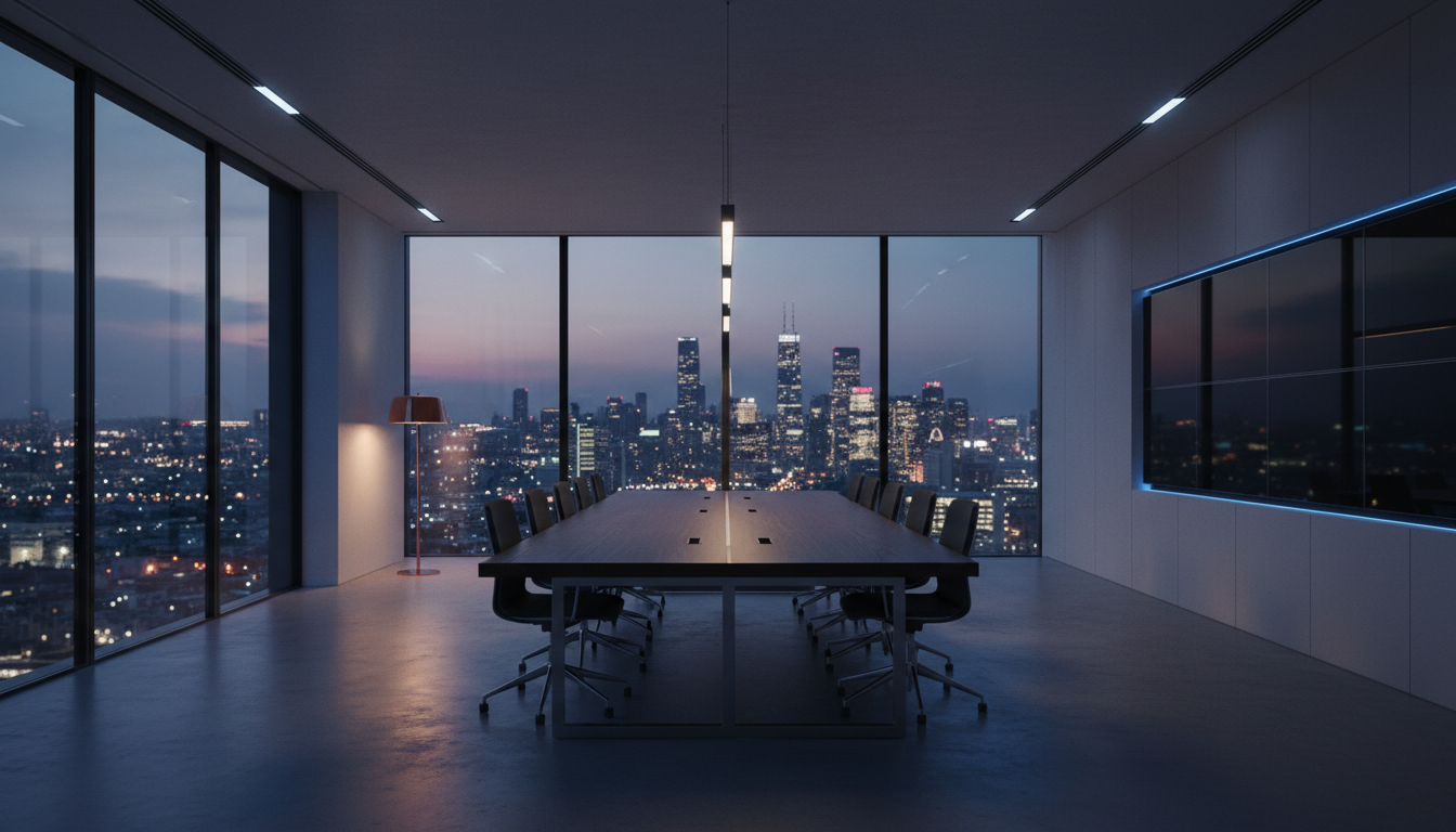 Minimalist executive boardroom with dramatic lighting