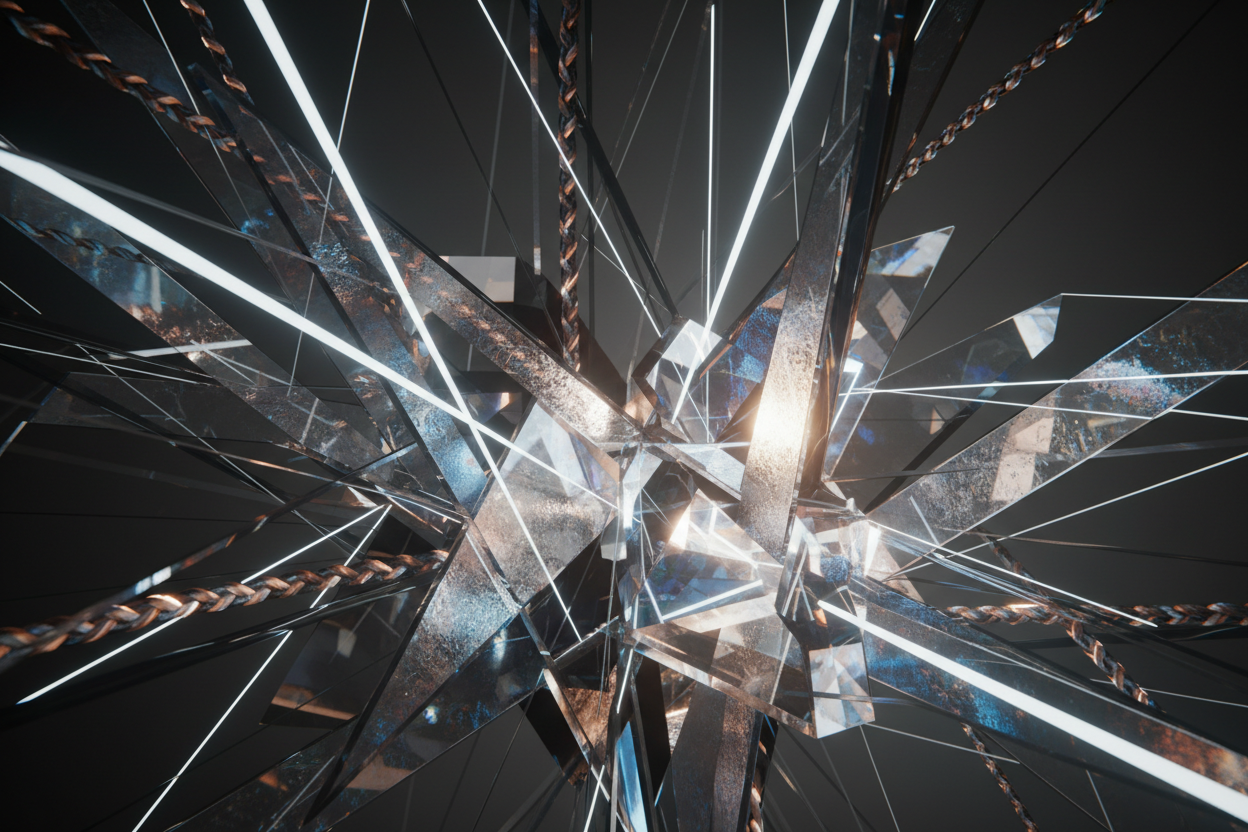 Abstract light pathways through glass prisms
