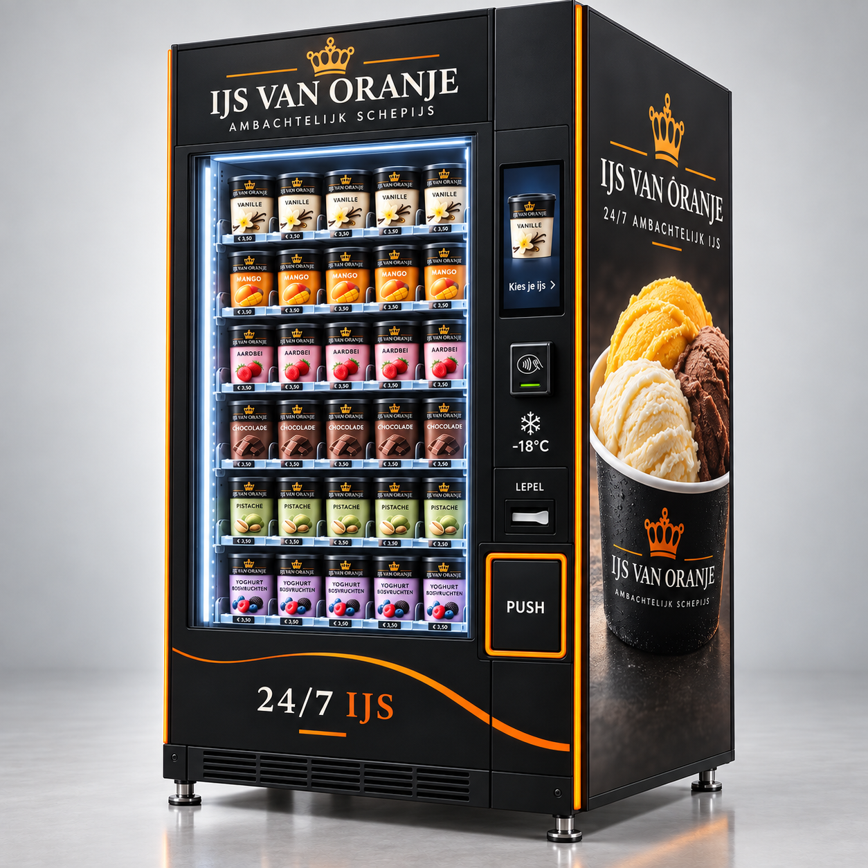 Zwarte IJs van Oranje ijsautomaat voor verkoop op locatie