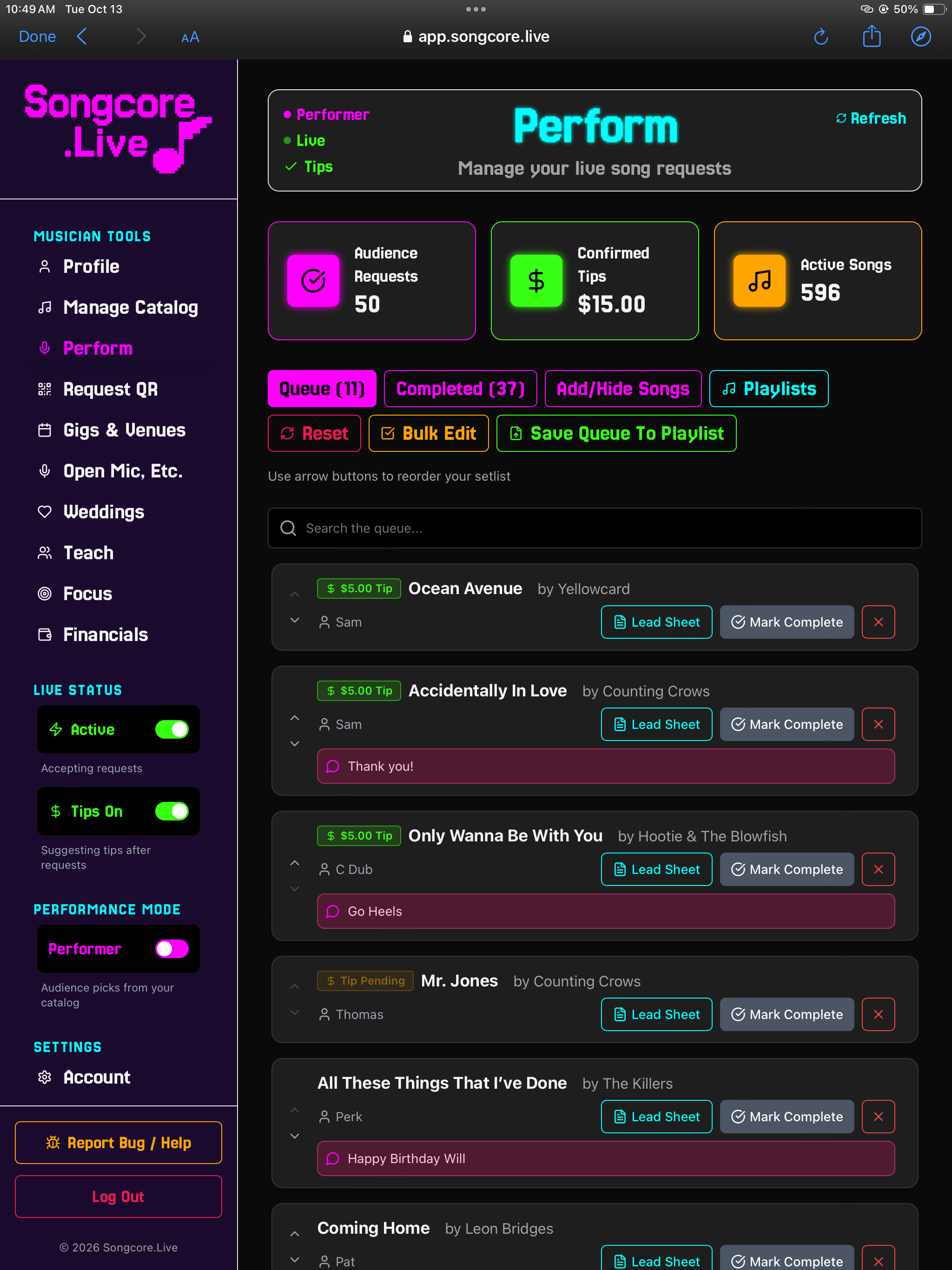 Songcore Perform dashboard showing live song requests and tips