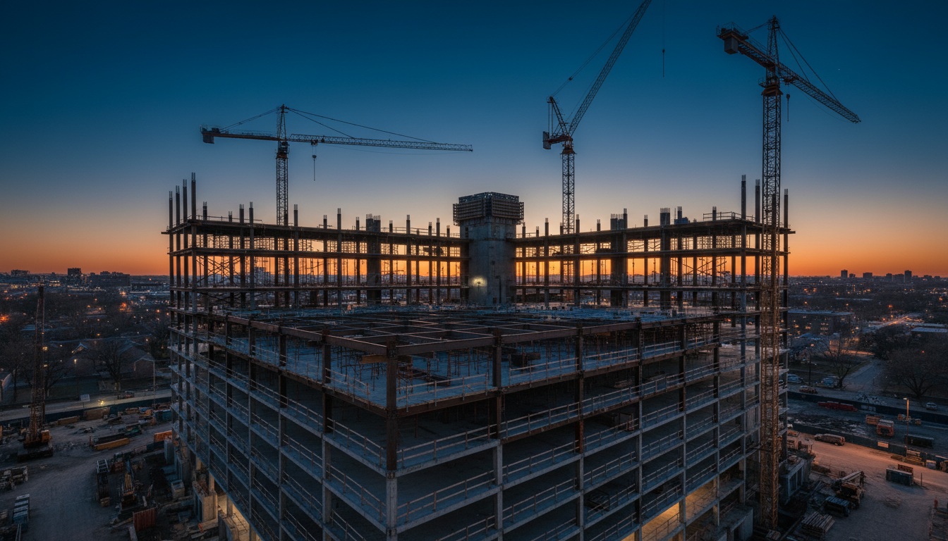 Commercial construction site at dusk