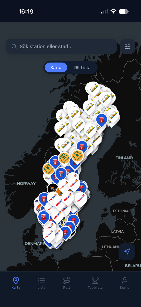 Blankdiesel-appens stationskarta över Sverige med stationer markerade