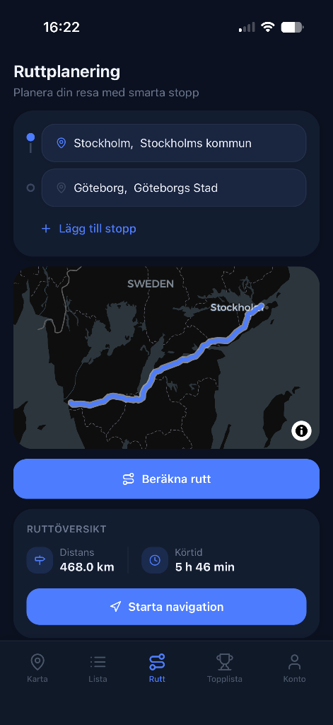 Ruttplanering i Blankdiesel-appen — rutt Stockholm till Göteborg med distans och körtid