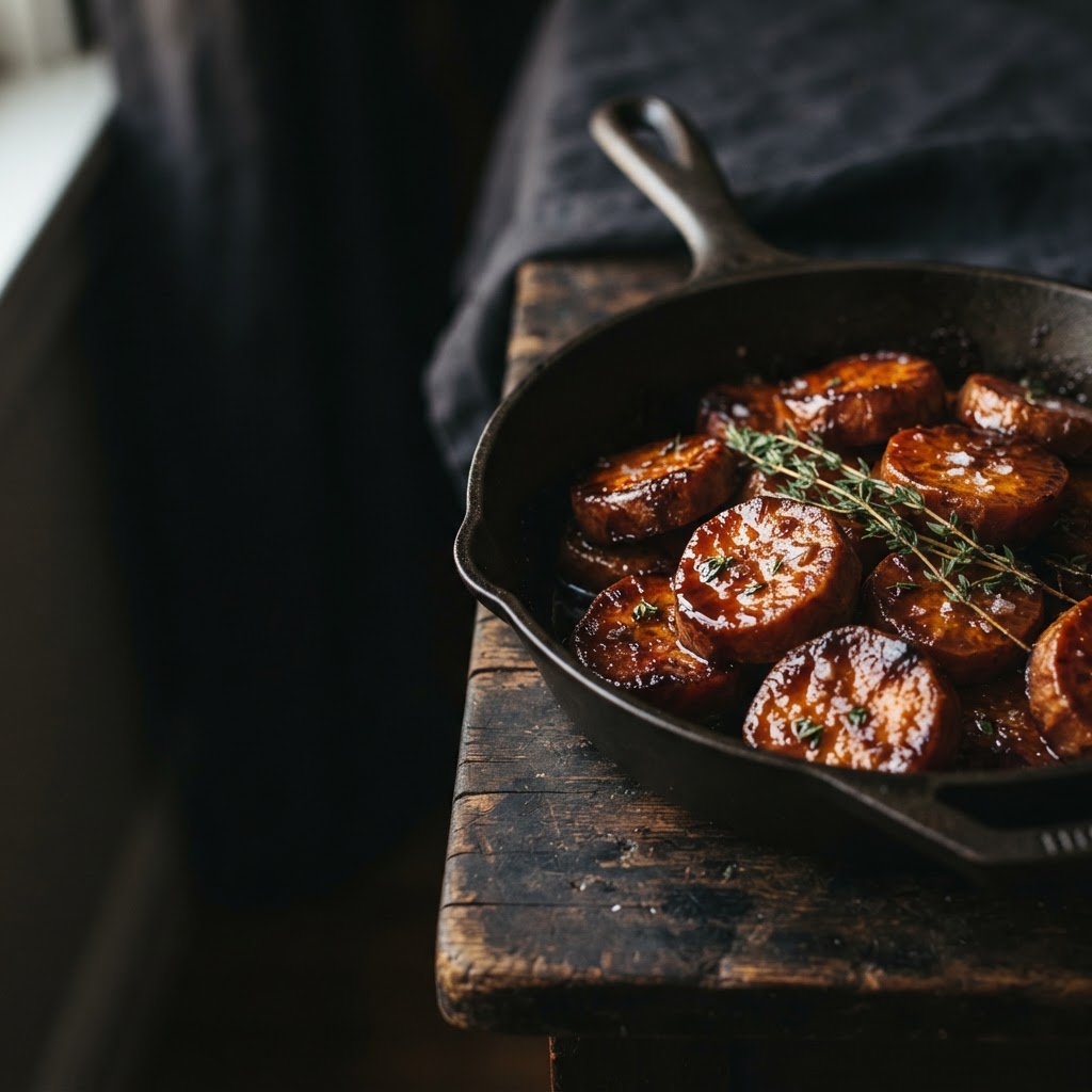 Brown butter bourbon candied yams — caramelized glaze, garnished with thyme
