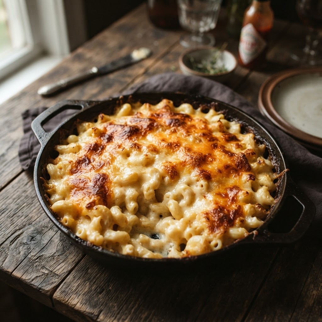Signature smoked Gouda mac and cheese — creamy, no breadcrumb topping