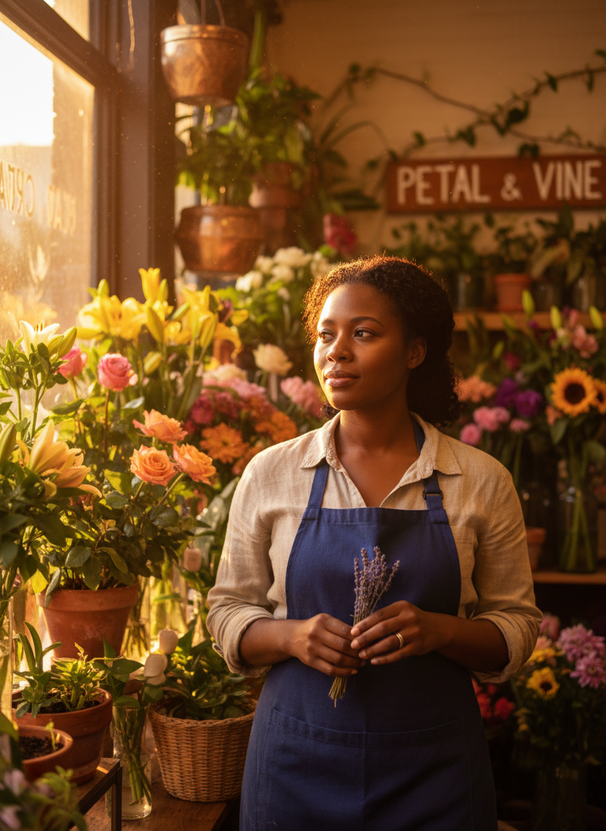 Small business owner standing in her flower shop with warm golden light, looking confident and proud