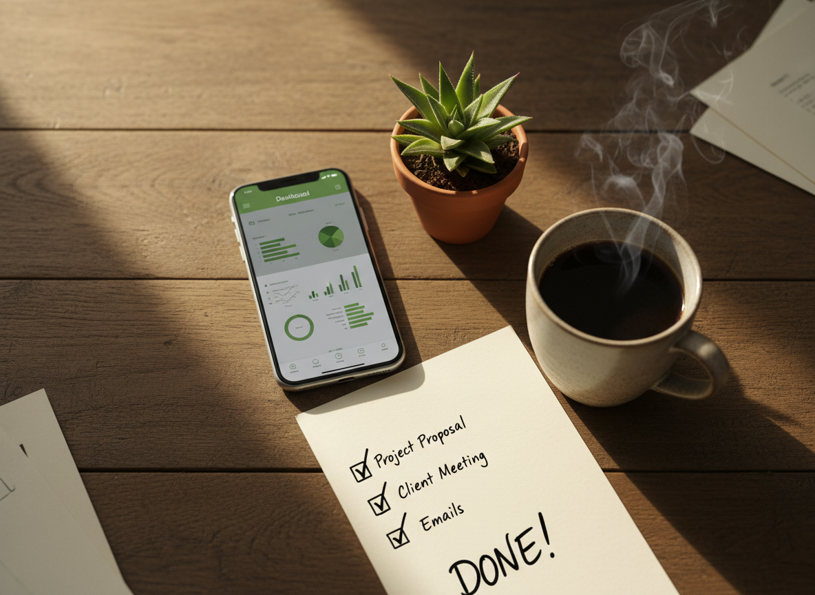 A warm overhead view of a wooden desk with a smartphone showing a business dashboard, a coffee cup, and a potted succulent — symbolizing calm, organized productivity