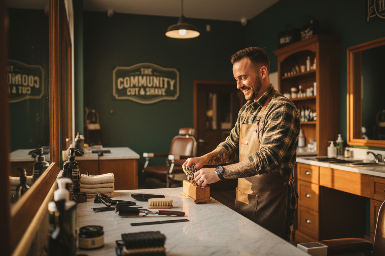 A barber in his barbershop smiling warmly while organizing his station, warm amber light and deep green tones
