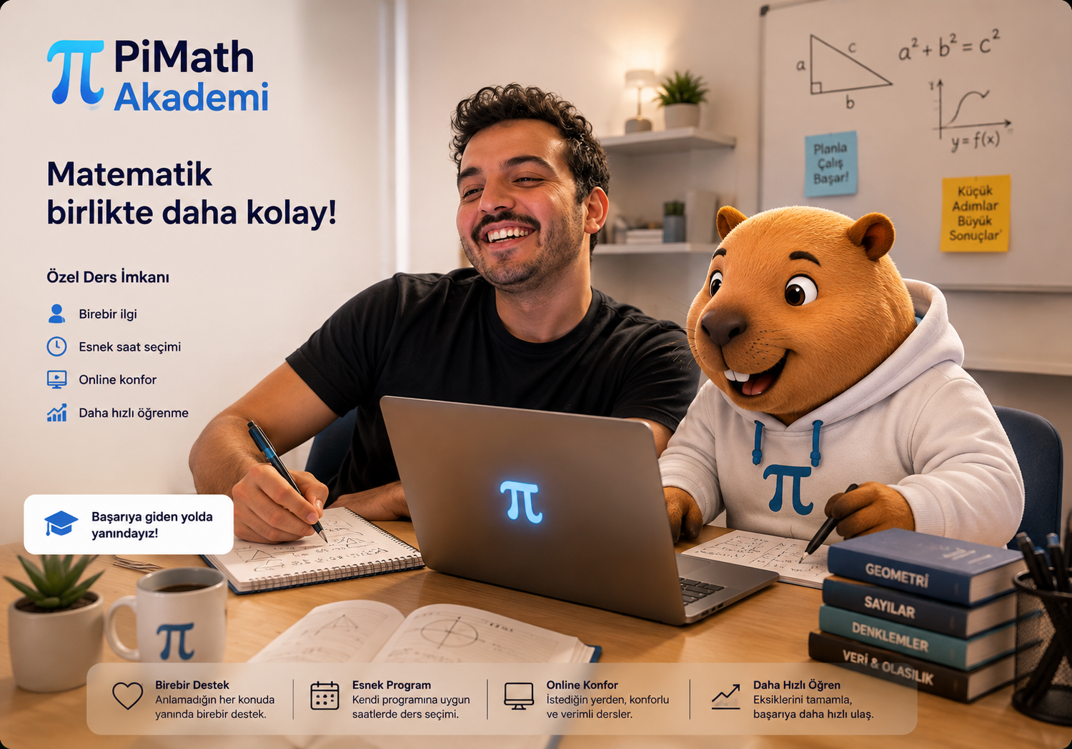 Pimo ve öğrenci birlikte matematik çalışıyor — akran dili öğrenme modeli