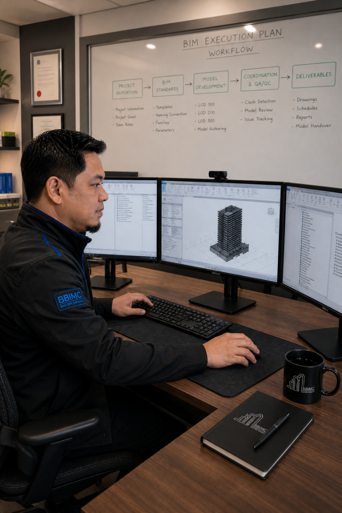 BIM modeler working with dual monitors showing architectural drawings and the developing Revit model