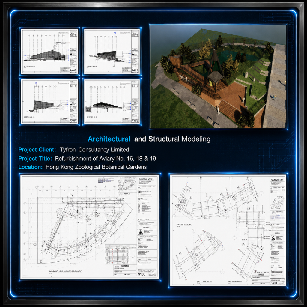 Aviary refurbishment — architectural and structural BIM models with elevation and section drawings