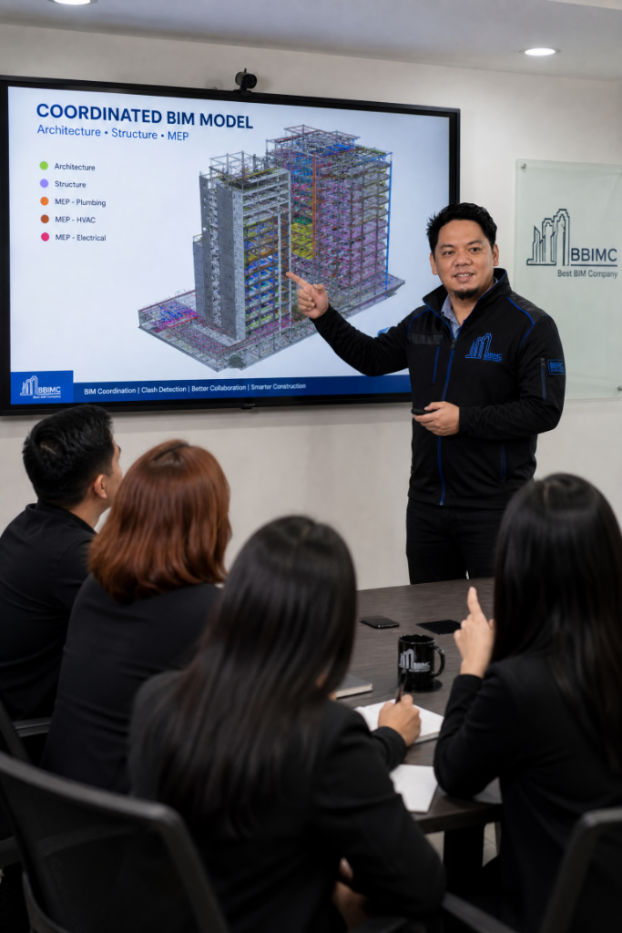 Engr. Mark San Jose presenting a coordinated BIM model to a group of young engineers