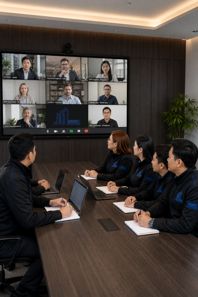 BBIMC team in a video conference with international architects, engineers, and BIM managers