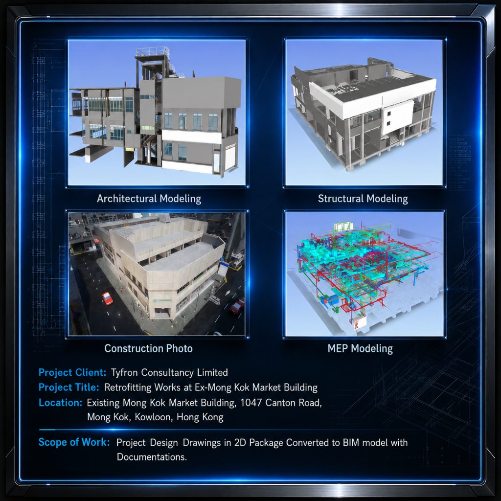 Ex-Mong Kok Market Building retrofitting — architectural, structural and MEP BIM models with construction photo