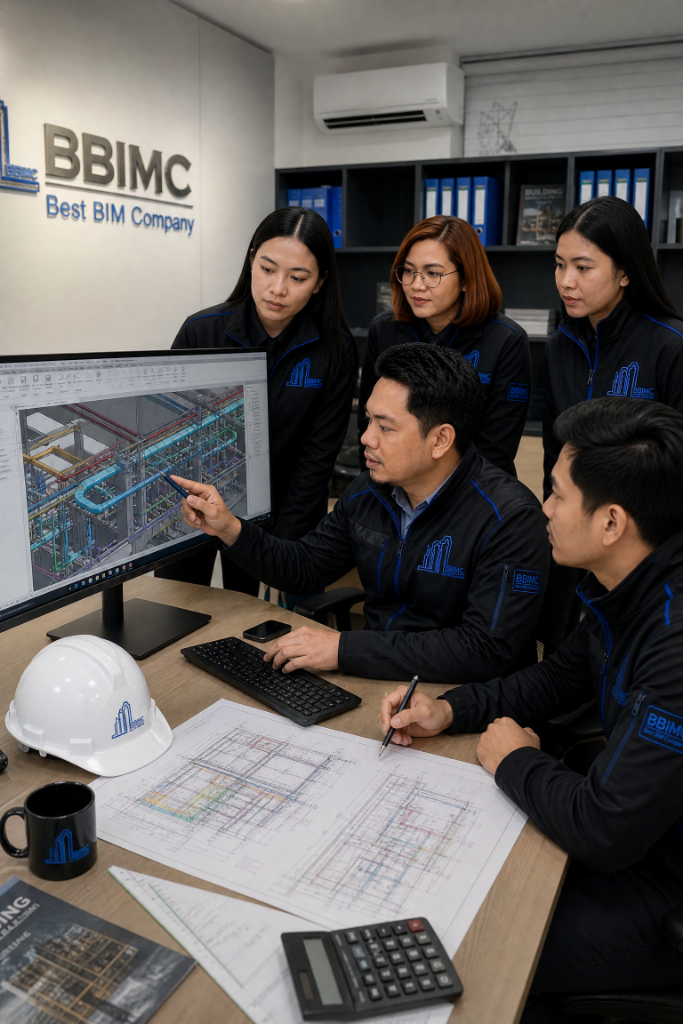 BBIMC team reviewing a coordinated BIM model on screen alongside printed construction drawings