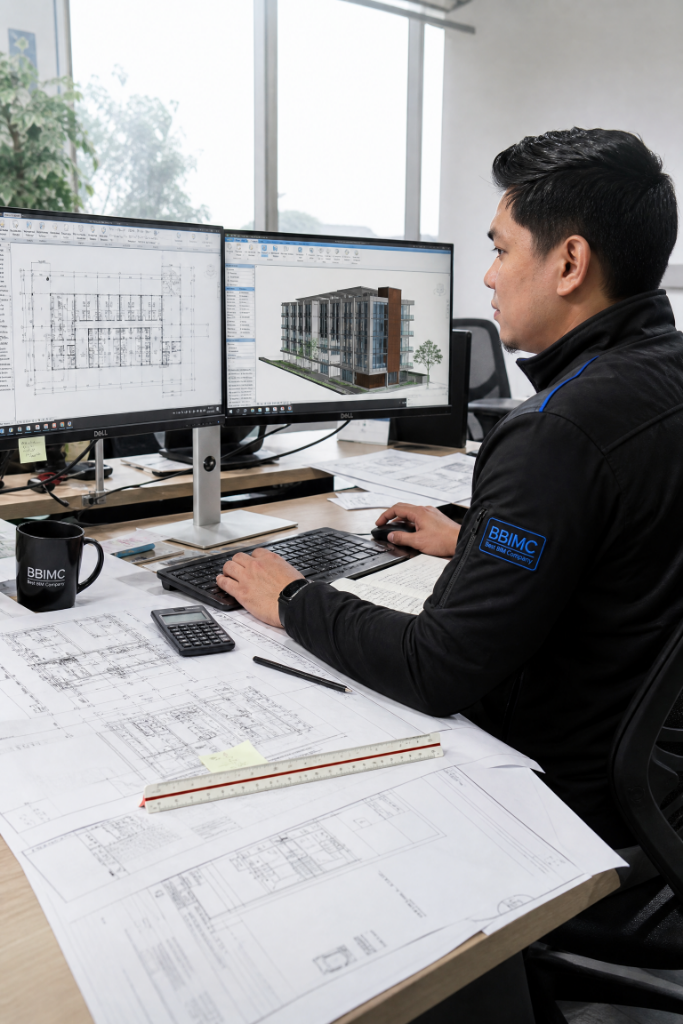 Architectural BIM modeler at dual monitors