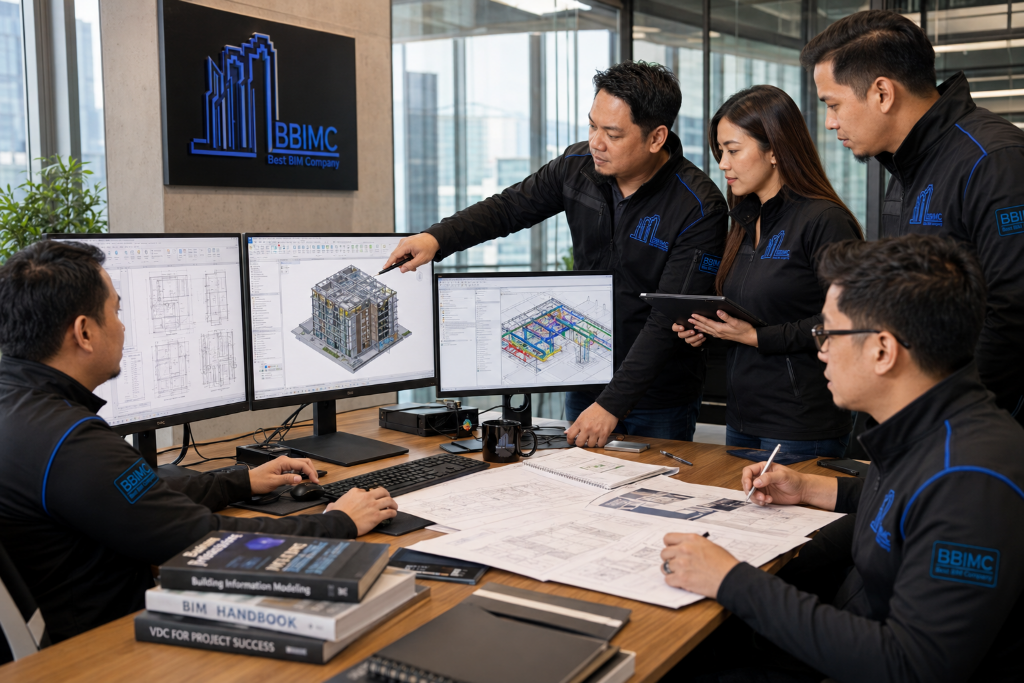 BBIMC BIM engineers collaborating around workstations reviewing coordinated Revit models and printed drawing packages