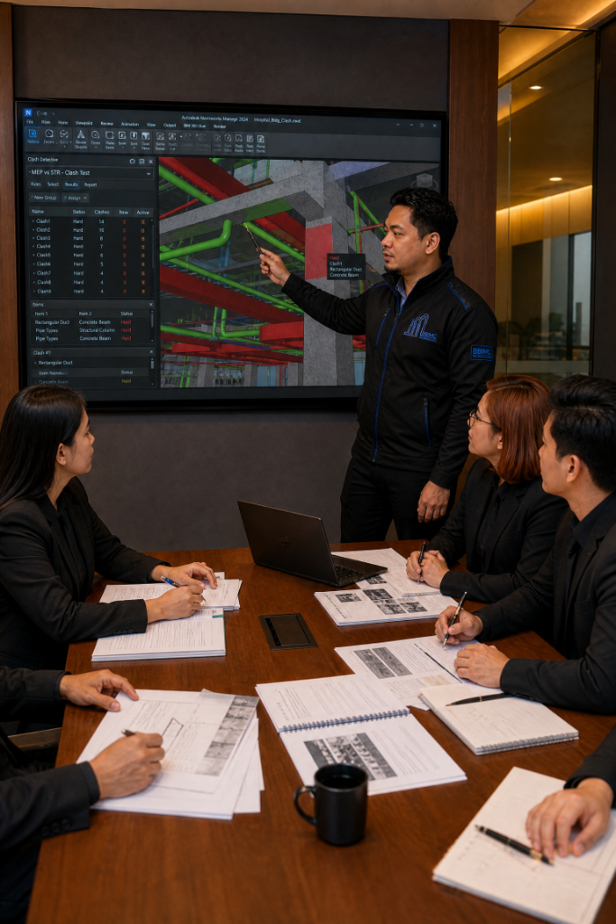 Team reviewing clash detection results on a large screen