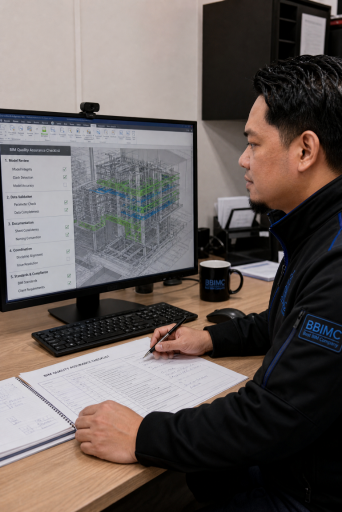QA/QC engineer reviewing a BIM quality assurance checklist