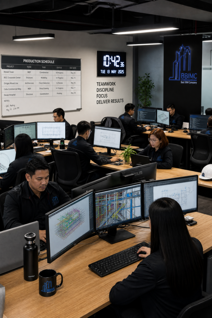Organized BIM production office with engineers at workstations and a visible production schedule board