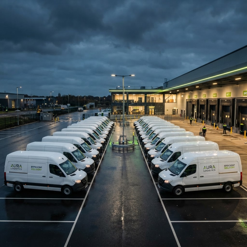 Fleet of commercial delivery vans at a logistics depot