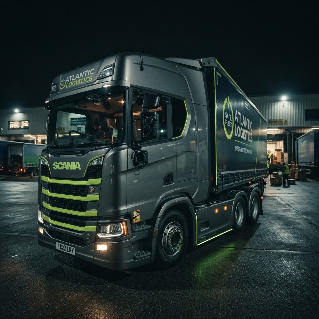 HGV lorry with Progressive Safe System cameras and safety monitoring equipment installed at a logistics depot