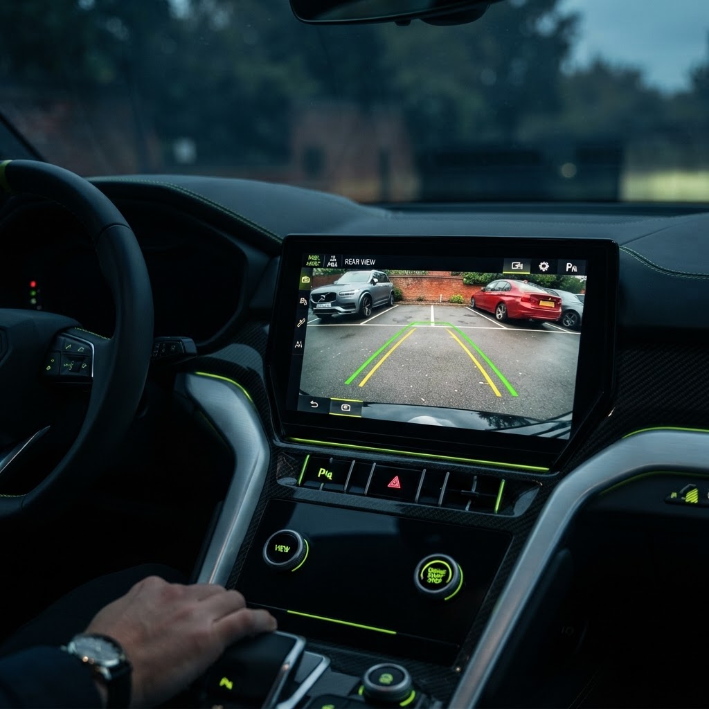 Professional reverse camera display screen showing rear view with parking guidelines on a vehicle dashboard