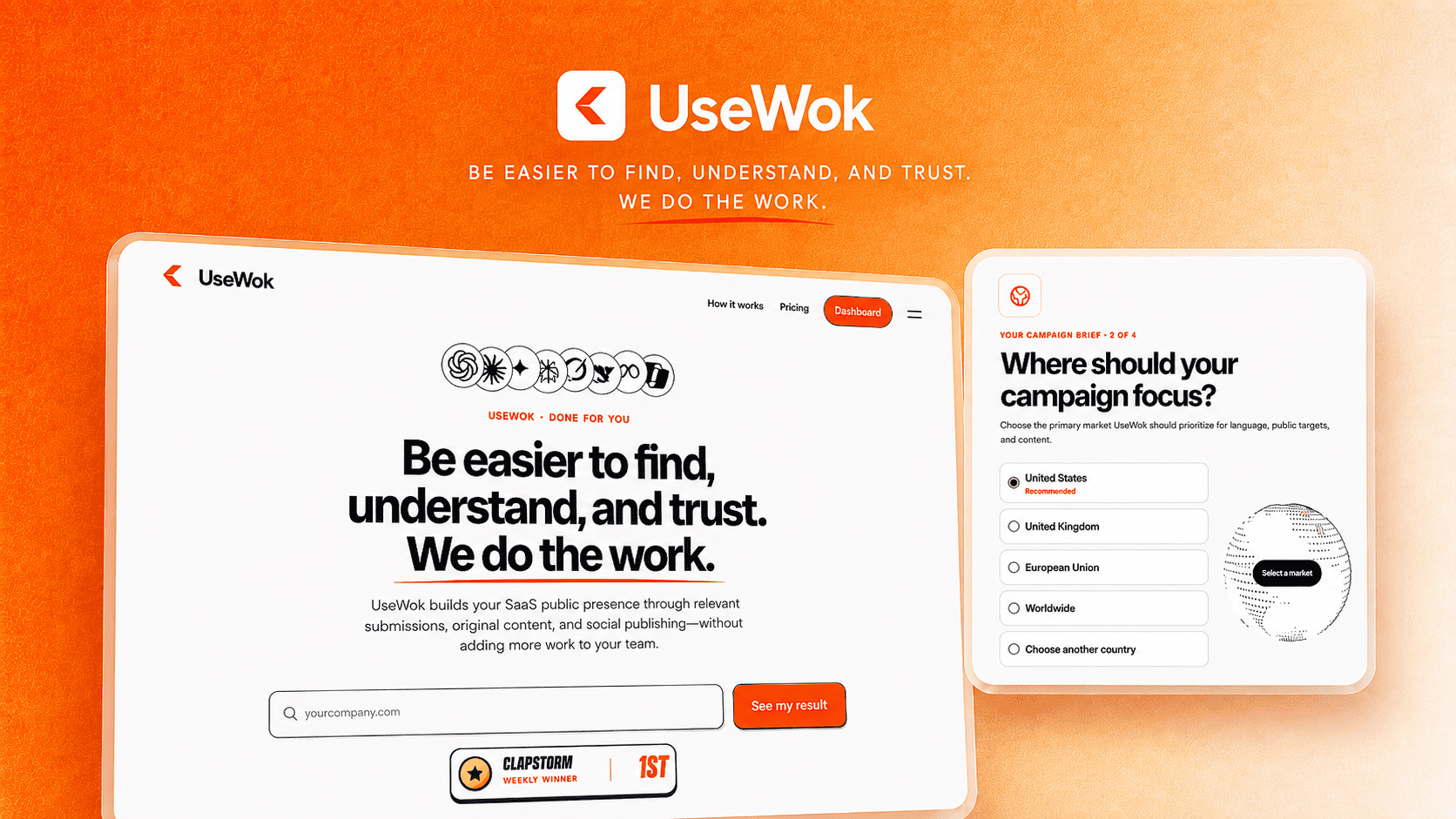 UseWok homepage — Be easier to find, understand, and trust. We do the work.