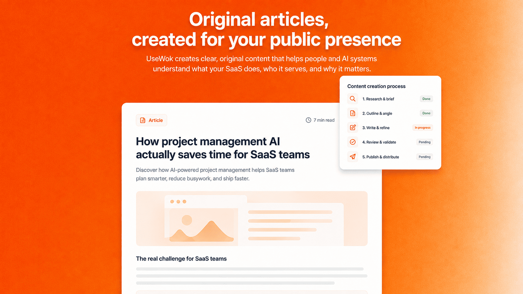 UseWok content creation — Original articles created for your public presence, with a step-by-step content creation process.
