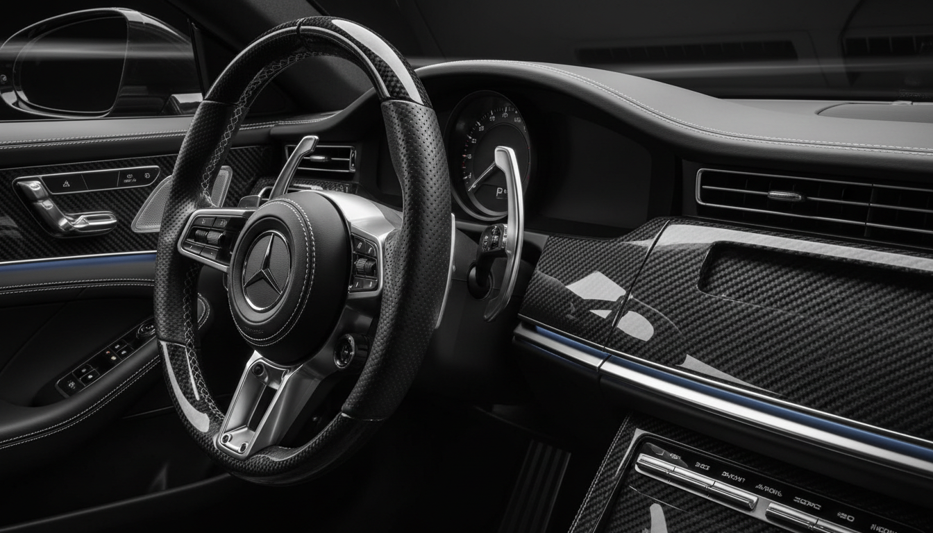 Premium vehicle interior with luxury steering wheel and dashboard