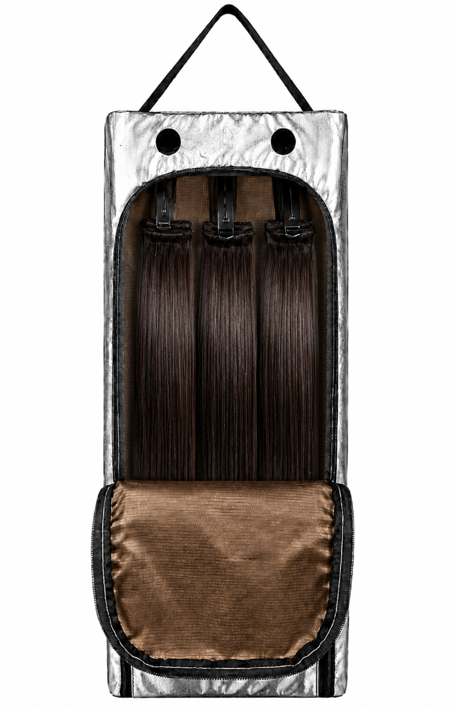 HerDryer PRO open with brown straight hair extensions