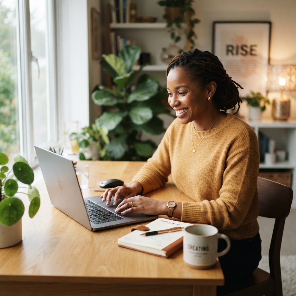 A small business owner working at a clean, modern desk