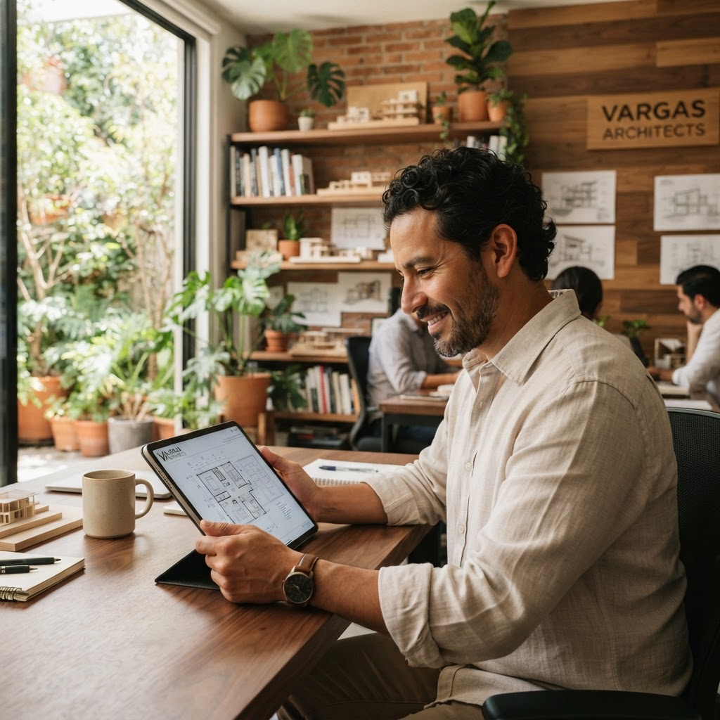 A business owner reviewing plans on a tablet at a bright workspace