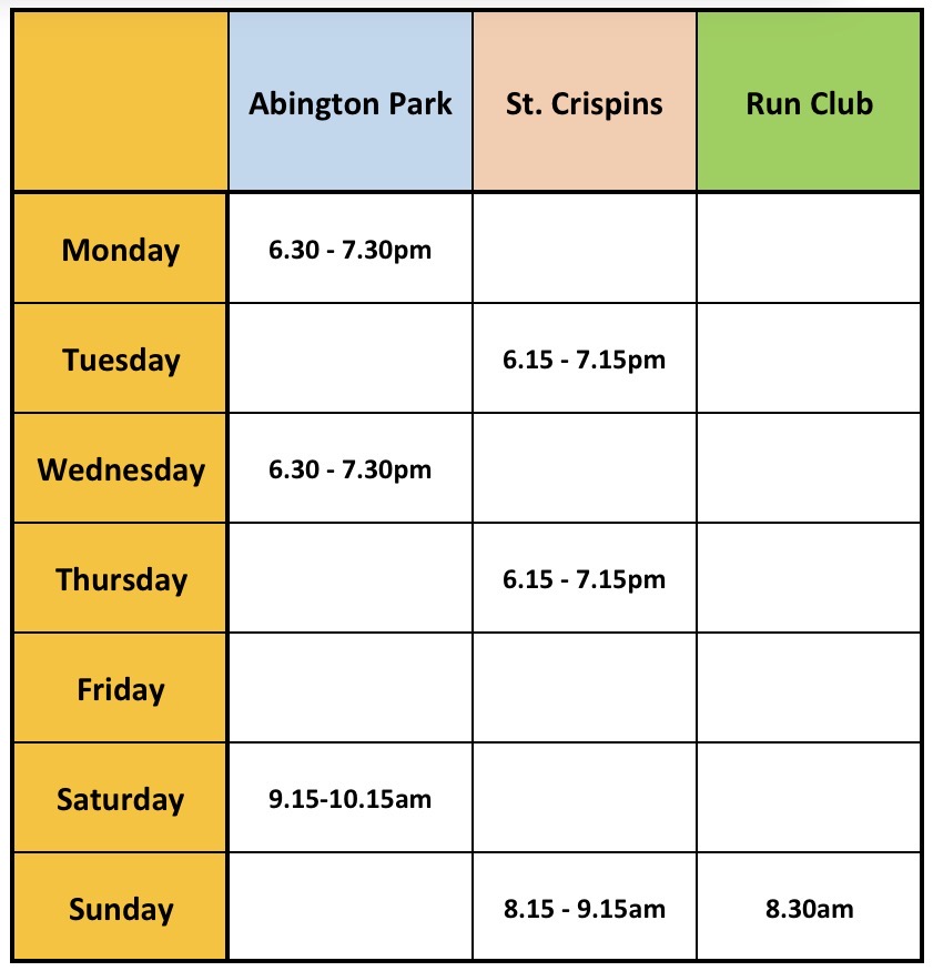 Get Fit Today weekly class timetable — Abington Park, St. Crispins and Run Club sessions