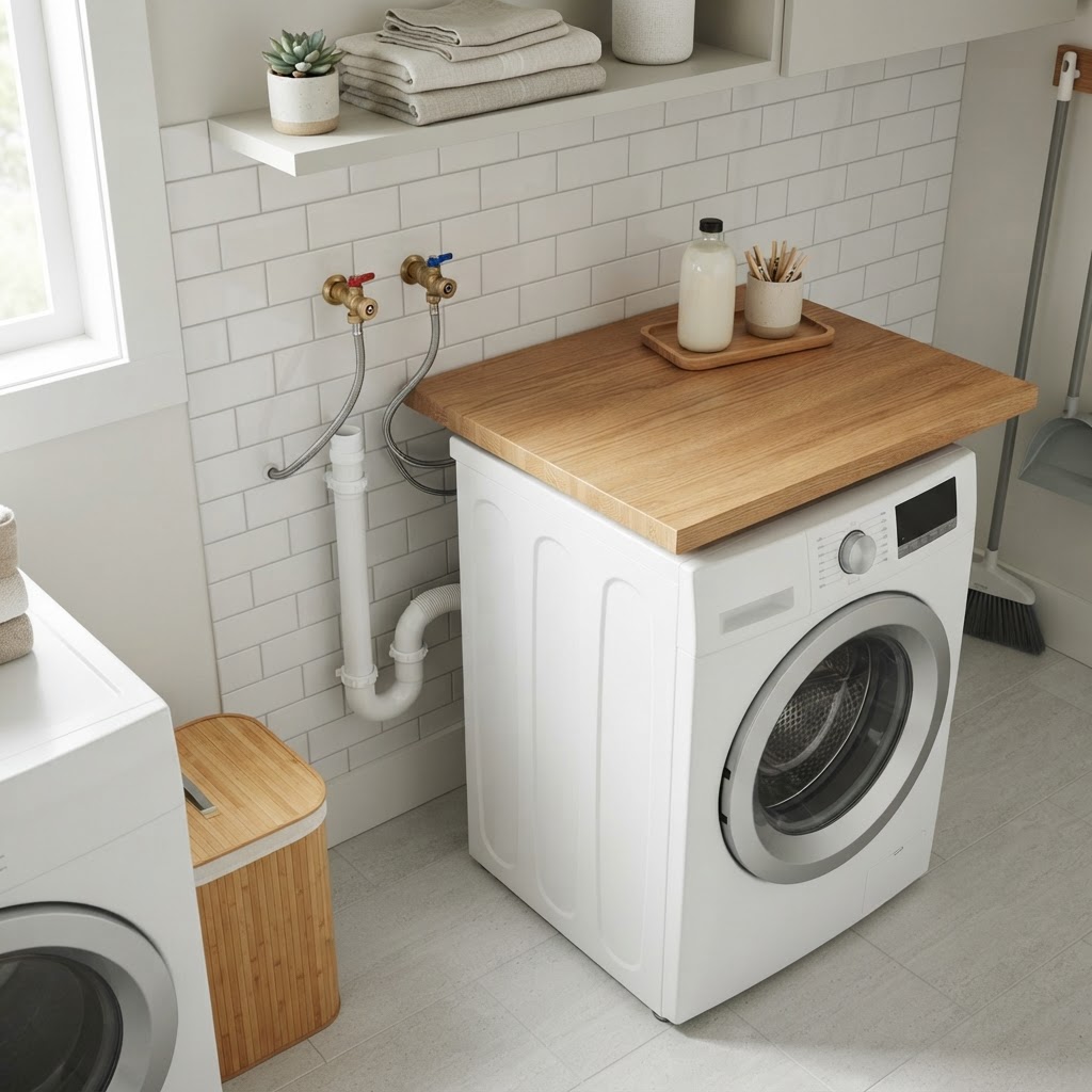 A minimalist view of a laundry area, highlighting the importance of appliance-based fiber filtration.