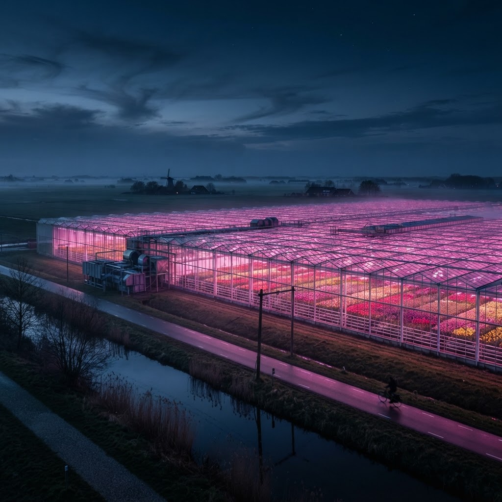 Dutch cut flowers are often grown in heated, artificially lit greenhouses through the cold, low-light winter.
