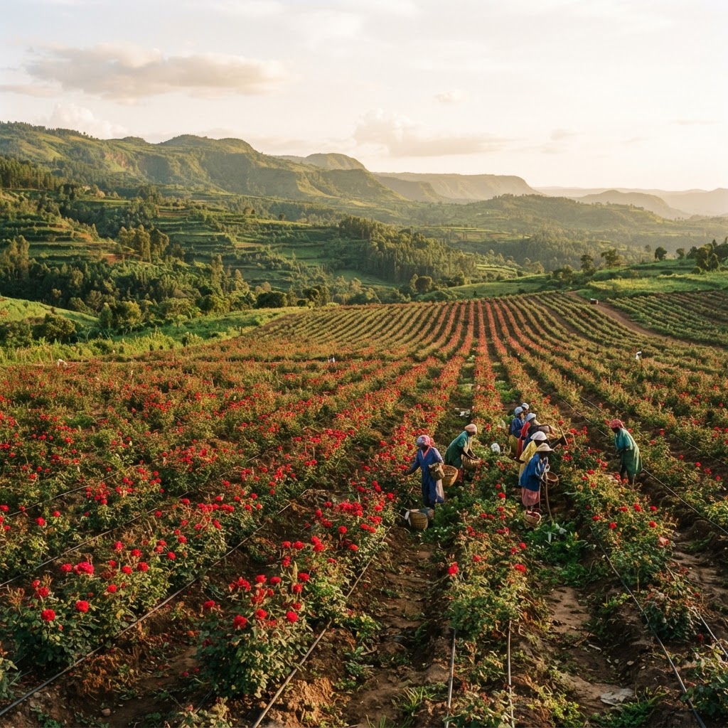 Roses grown in open fields under natural sun in Kenya can carry a far lower carbon cost than greenhouse-grown Dutch roses, even after air freight.
