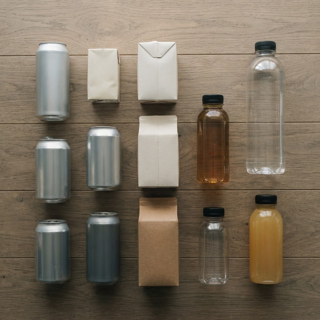 An assortment of beverage containers including aluminum cans and cartons, which show varying environmental impacts.