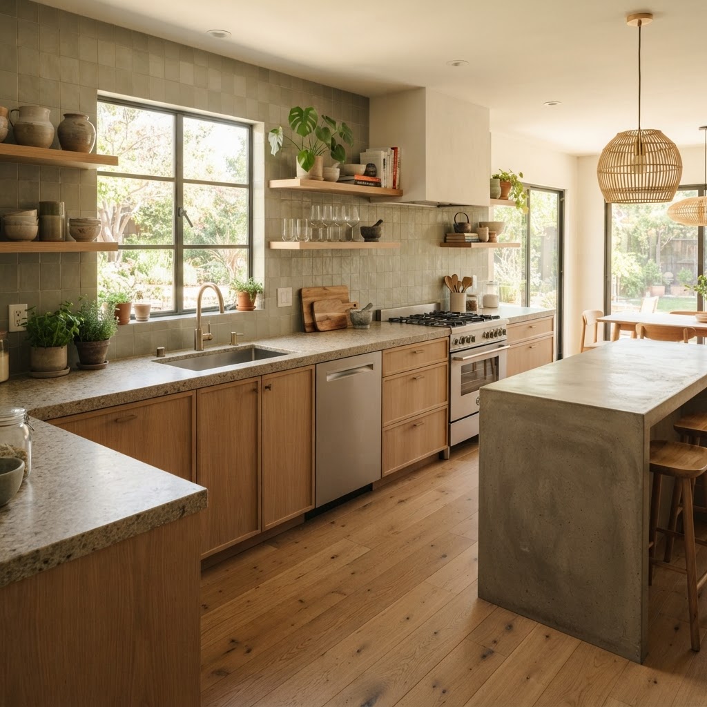 A clean, bright kitchen interior, emphasizing the role of efficient appliances in a sustainable home ecosystem.