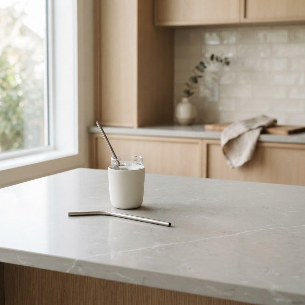 A minimalist, organized kitchen space featuring a single reusable straw, emphasizing intentionality over consumption.