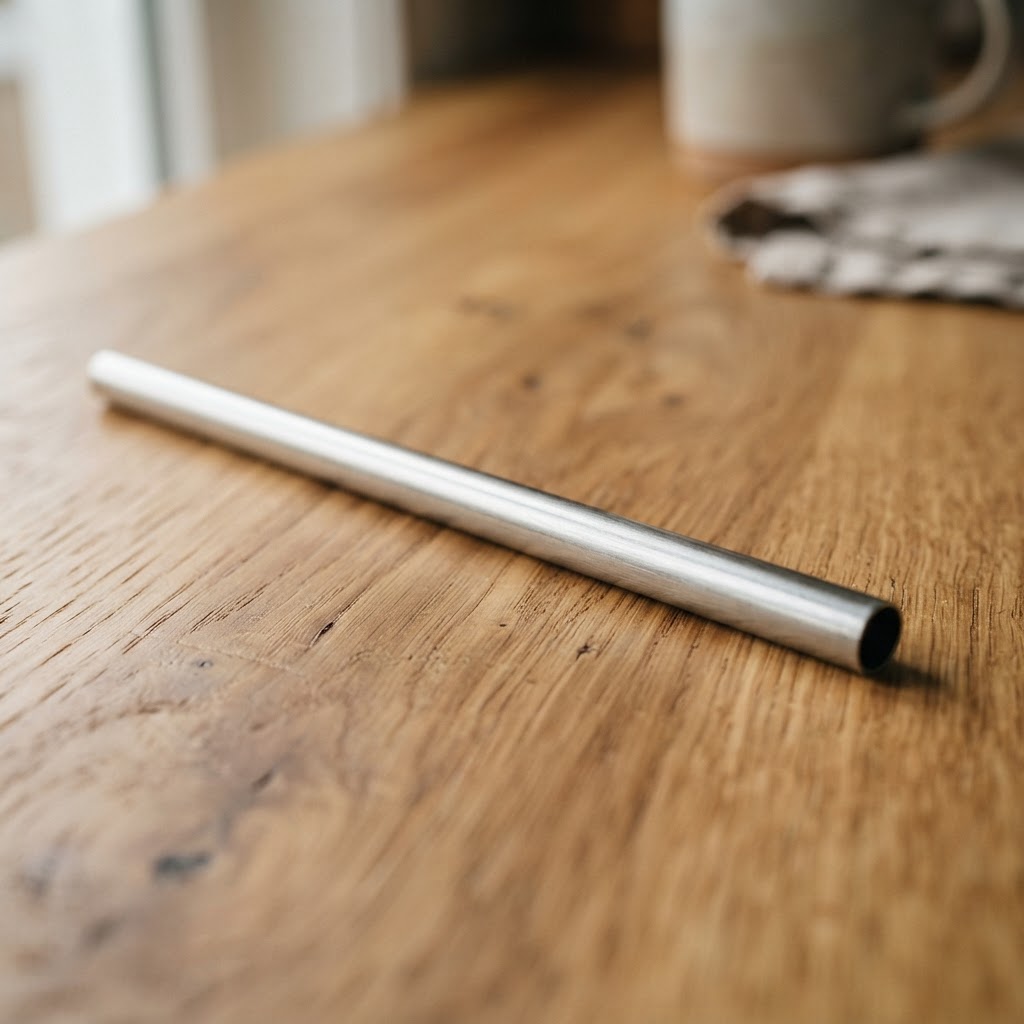 A close-up view of a metal straw, illustrating the durability and structural integrity that allows for long-term repeated use.
