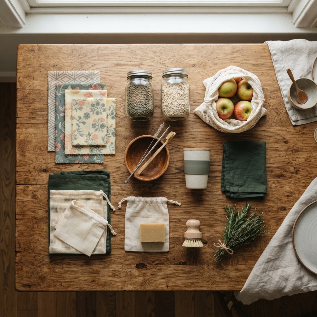 A kitchen shelf featuring various sustainable food storage items.