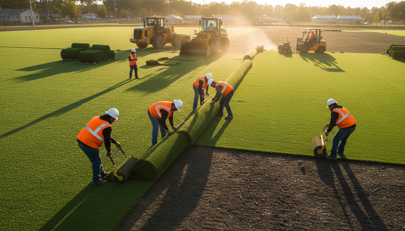 Professional crew installing synthetic turf on a large athletic field